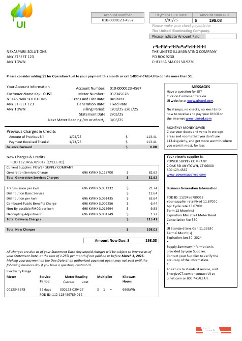 USA Massachusetts Chelsea UI The United Illuminating Company business utility bill Word and PDF template PSD template